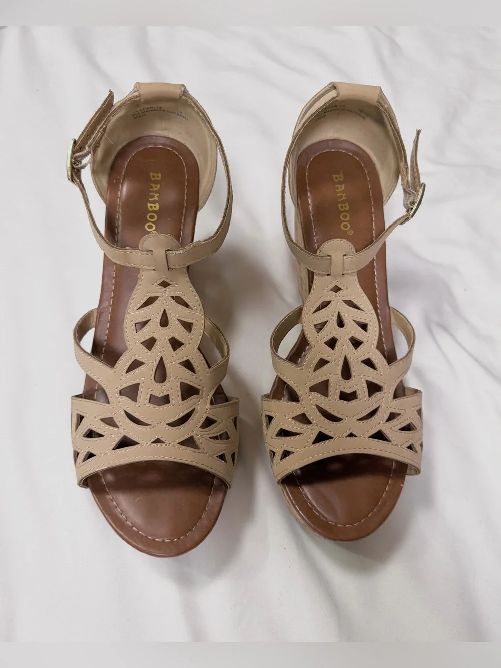 BAMBOO Vesper-12 Size 10 Beige Laser Cut T Strap Cork Wedge Sandals